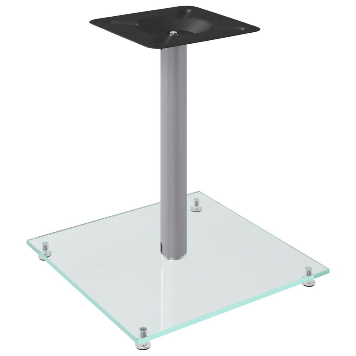 Tischfuß aus Glas und Metall. Quadratische Glasplatte, silberne Stange und schwarzer quadratischer Sockel.