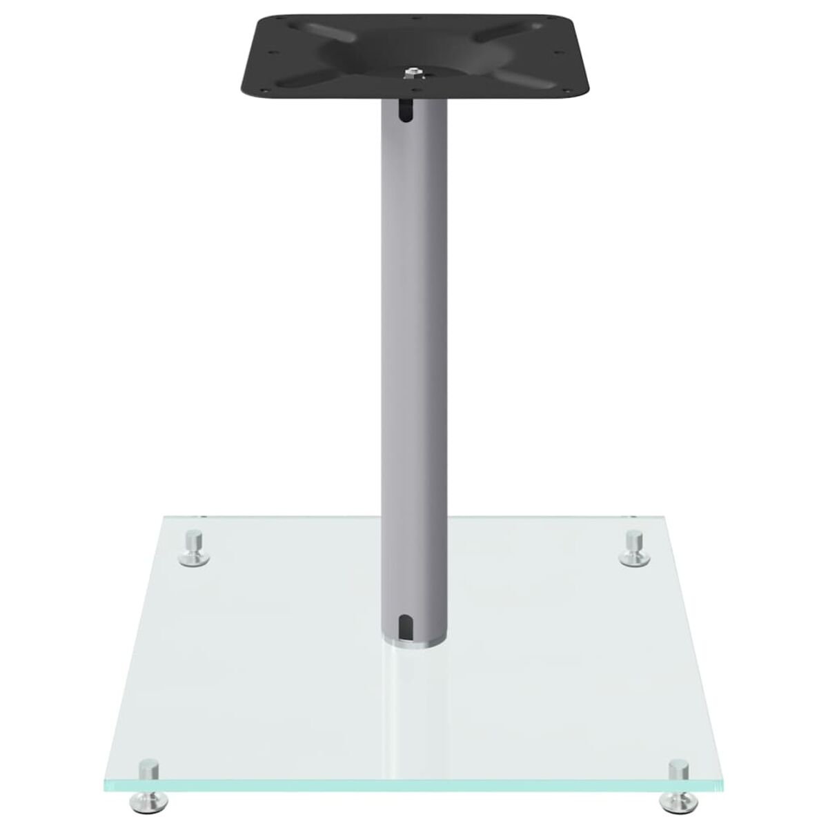 Ein Glassockel mit Metallstange und schwarzer quadratischer Oberseite. Weißer Hintergrund.