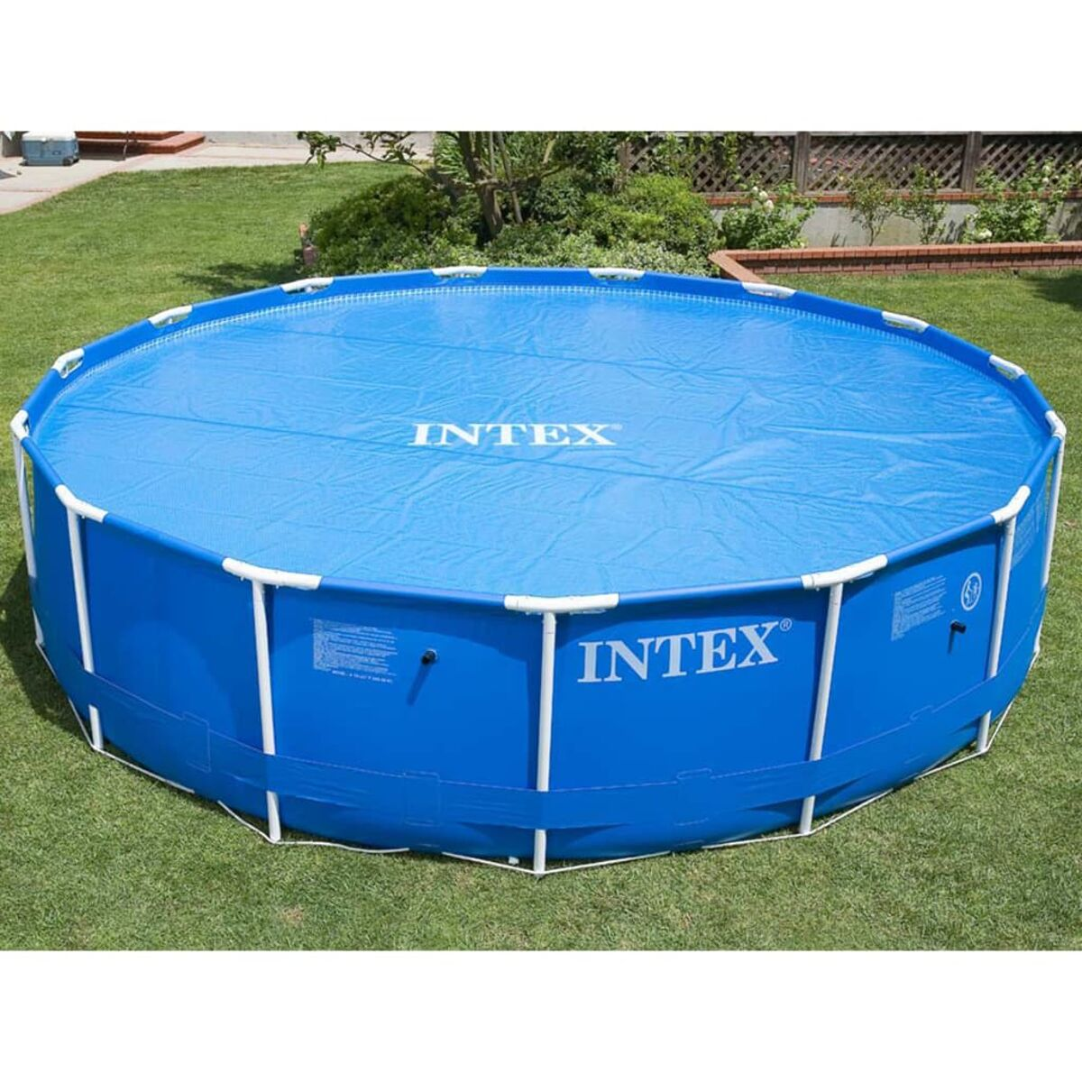 Blauer Intex-Pool auf Gras. Weißer Rahmen, blaue Abdeckung.