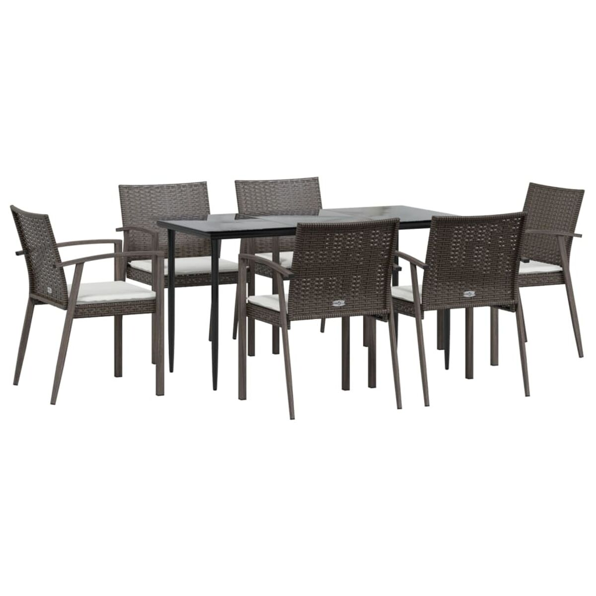 Ein Set von Essmöbeln für den Außenbereich. Ein rechteckiger Tisch mit sechs Stühlen, alle braun.