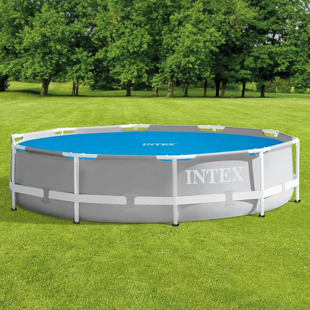 Runder Aufstellpool mit blauer Abdeckung und grauen Seiten, INTEXT-Markenlogo.