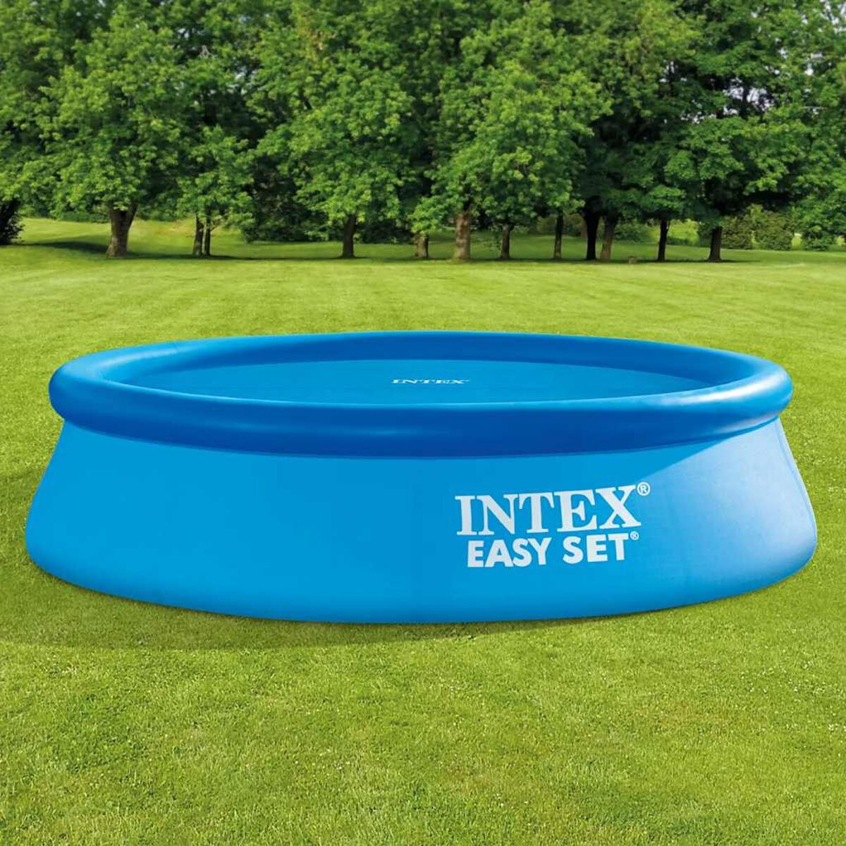 Blauer aufblasbarer Pool auf grünem Gras. Weißes Intex-Logo sichtbar.