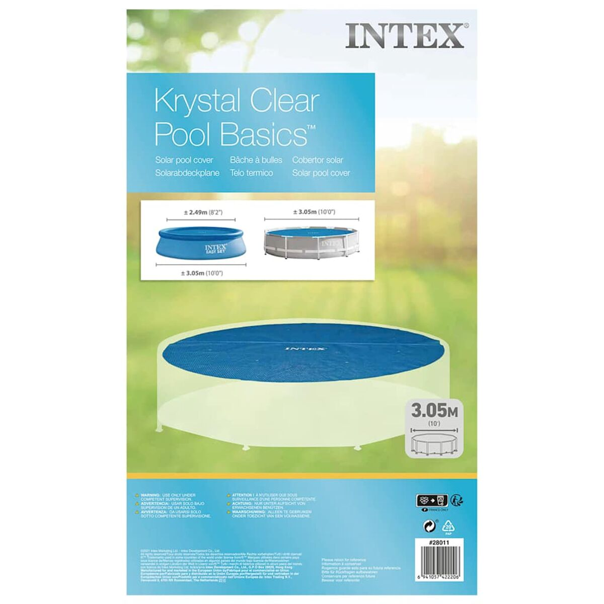 Verpackung für eine Solar-Poolabdeckung. Text und Diagramme, weißer Hintergrund.