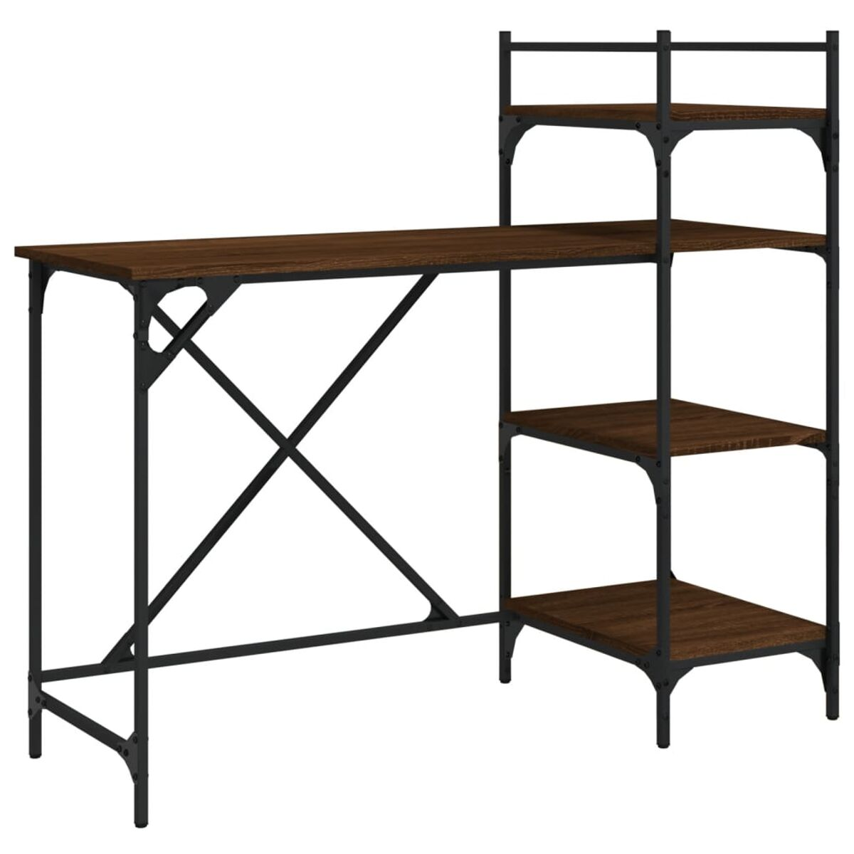 Holzschreibtisch mit Regal. Er hat eine dunkelbraune Oberfläche und ein schwarzes Metallgestell.