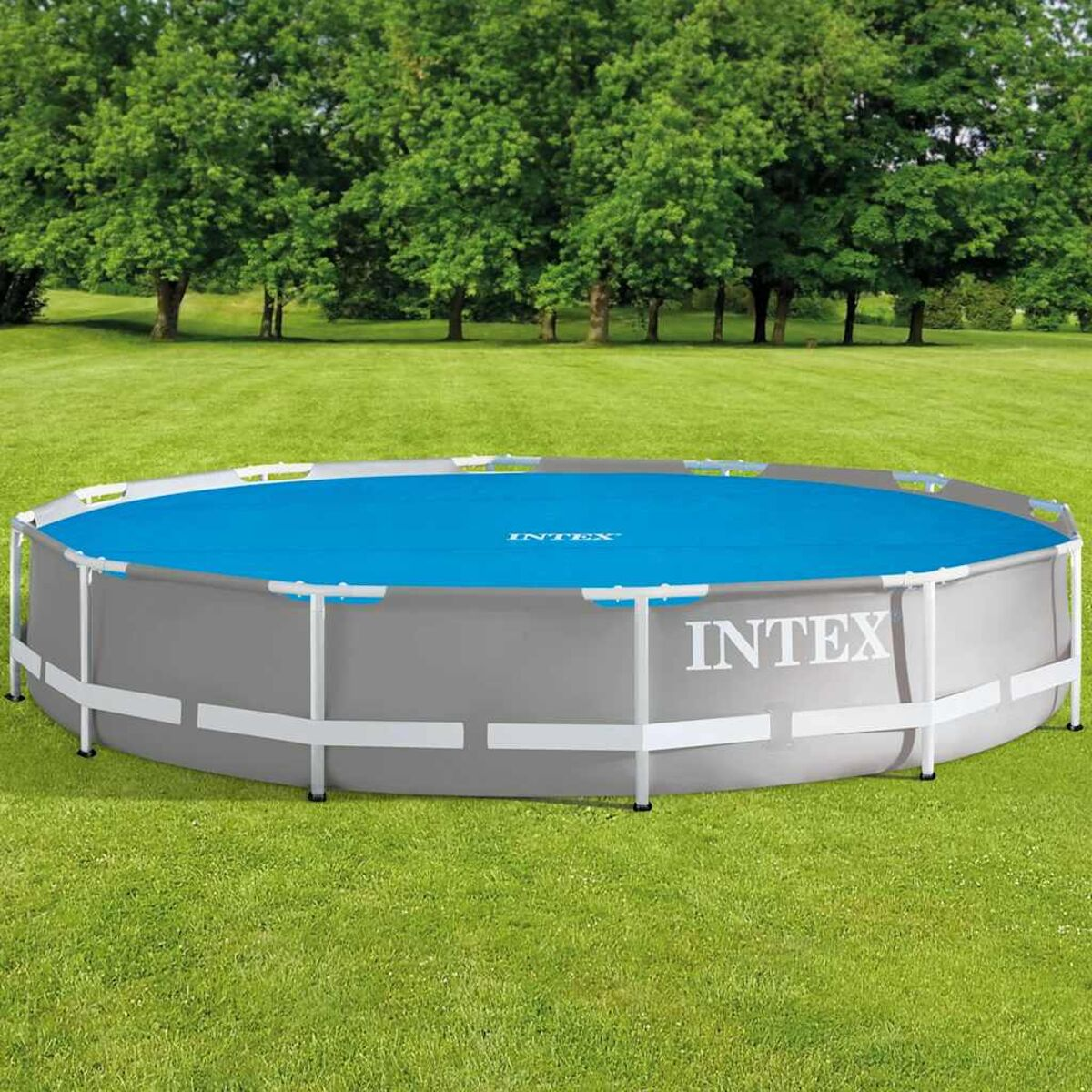 Aufstellpool mit blauem Wasser und grauem Äußeren. Weiße Stützen und INTEXT-Logo.