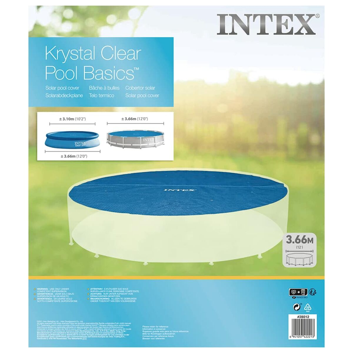 Verpackung einer Solar-Poolabdeckung, mit Produktbildern und Text.