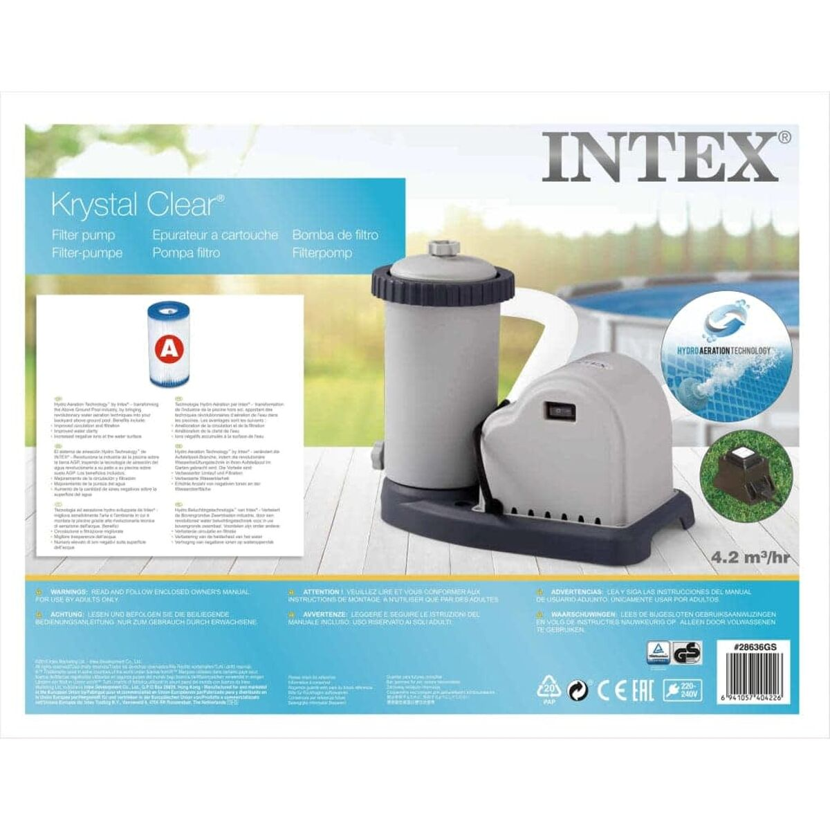 Intex Krystal Clear Filterpumpe, ein grau-weißes Gerät mit Text und Anweisungen.