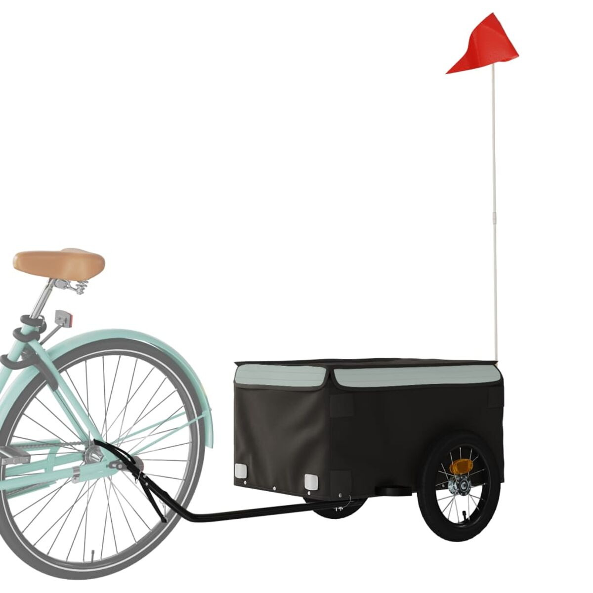 Ein Fahrrad zieht einen schwarzen Anhänger mit roter Fahne. Der Anhänger hat einen weißen Akzent.