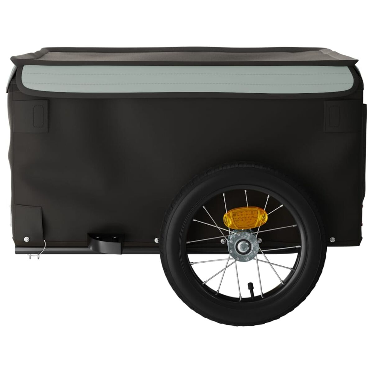Ein schwarzer Fahrradanhänger. Hat einen schwarzen Rahmen, eine schwarze Abdeckung, ein schwarzes Rad und einen gelben Reflektor.