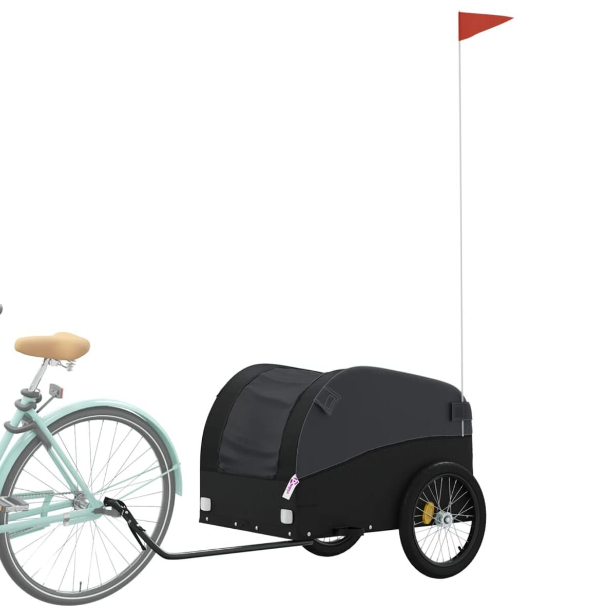 Ein Fahrrad mit Anhänger. Der Anhänger ist schwarz und hat eine rote Flagge. Weißer Hintergrund.