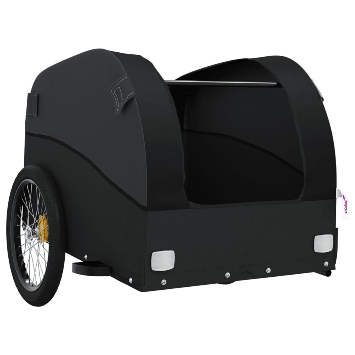 Schwarzer Anhänger mit geschwungenem Design. Der Anhänger hat eine schwarze Abdeckung und ein Rad.