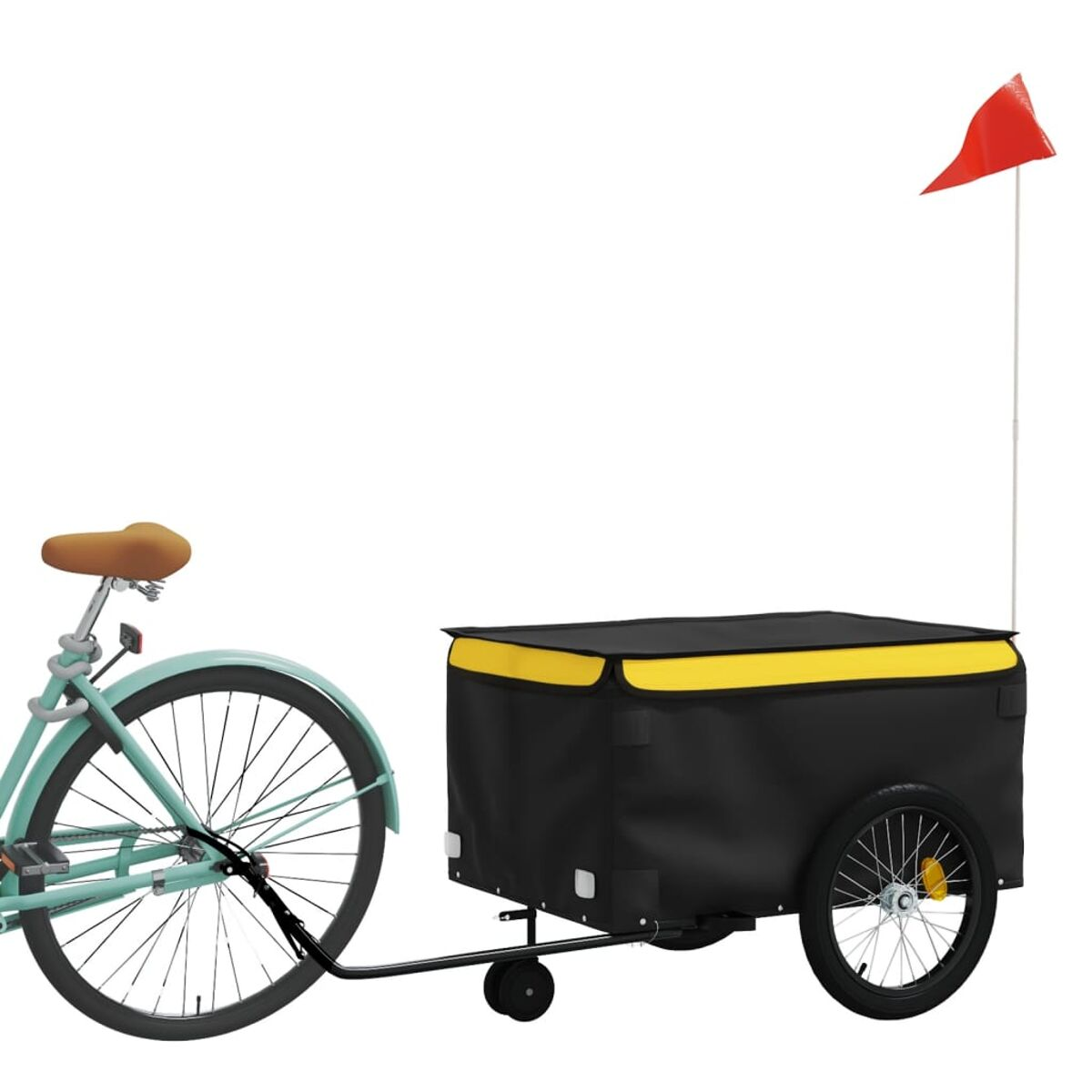 Ein hellblaues Fahrrad zieht einen schwarzen Anhänger mit gelber Verkleidung und roter Flagge auf weißem Hintergrund.