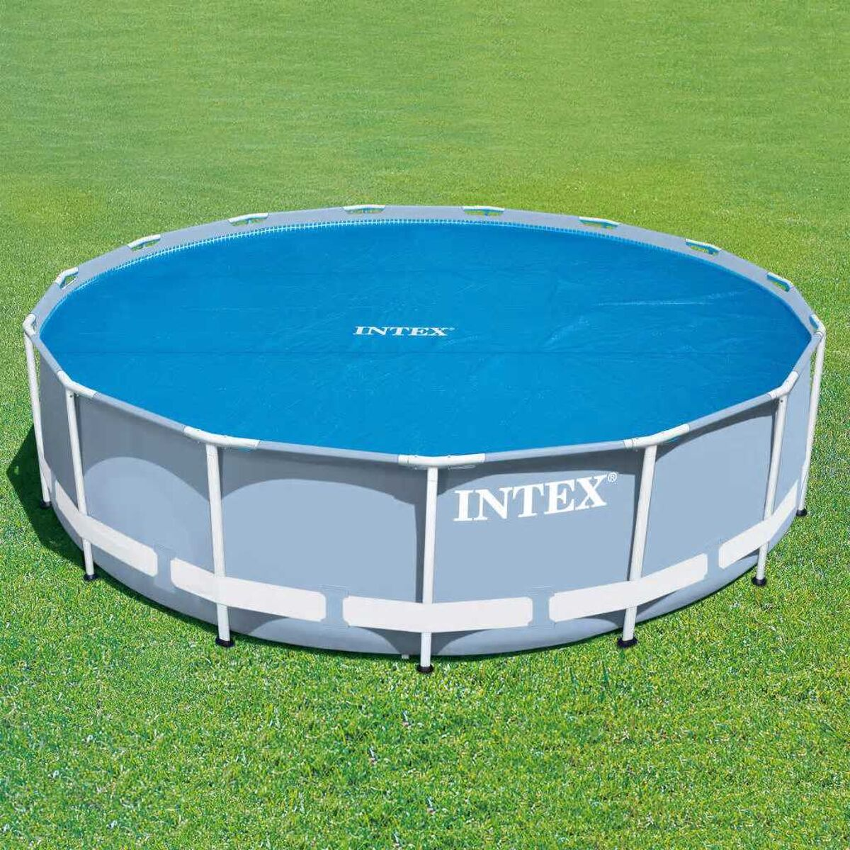 Runder Intex-Pool mit blauer Abdeckung auf grünem Gras. Intex-Logo sichtbar.