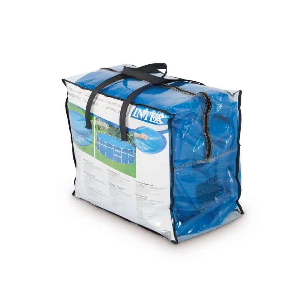 Eine blaue Poolabdeckung in einer transparenten Tasche. Die Tasche hat Griffe und einen Reißverschluss.