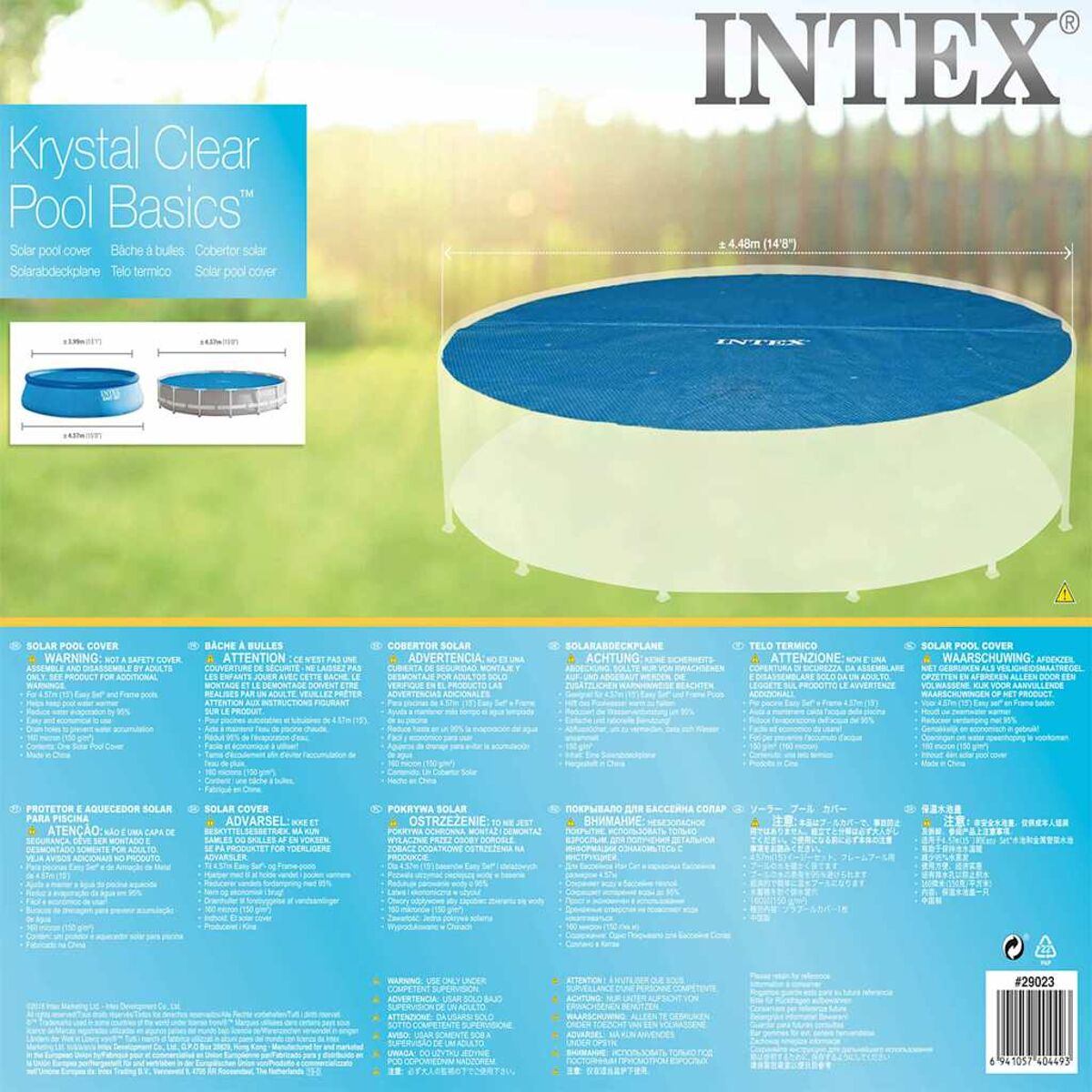 Poolabdeckung Verpackung mit Text. Blaues Coverbild. Mehrere Sprachen werden angezeigt.