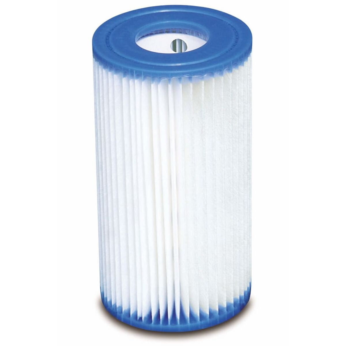 Ein weiß-blauer zylindrischer Poolfilter.