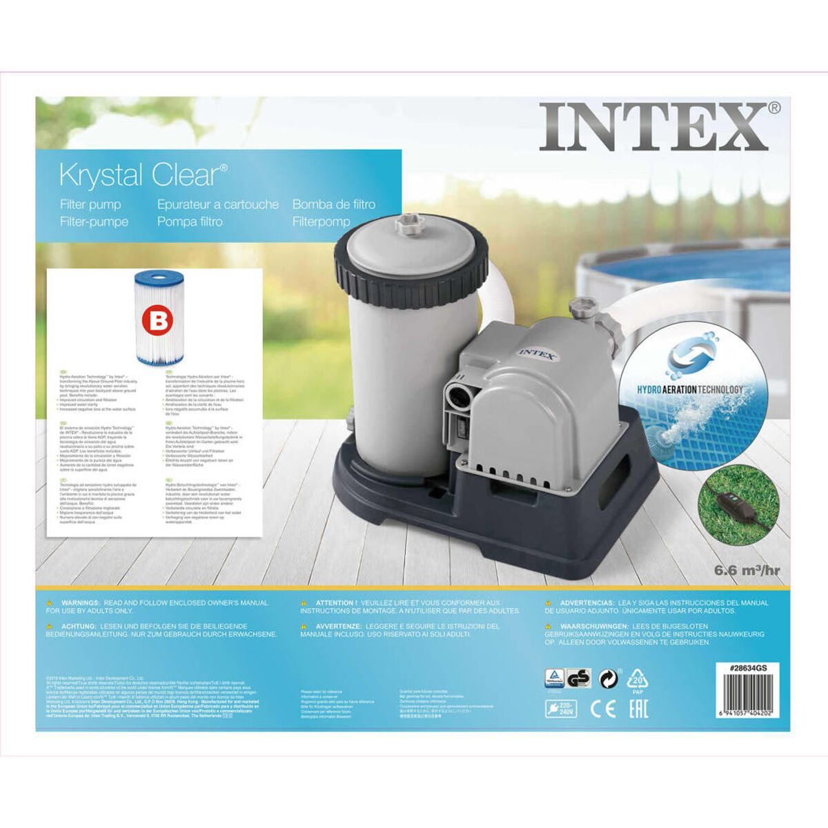 Intex Krystal Clear Filterpumpe mit Filter und zugehörigen Informationen auf weißem Hintergrund.