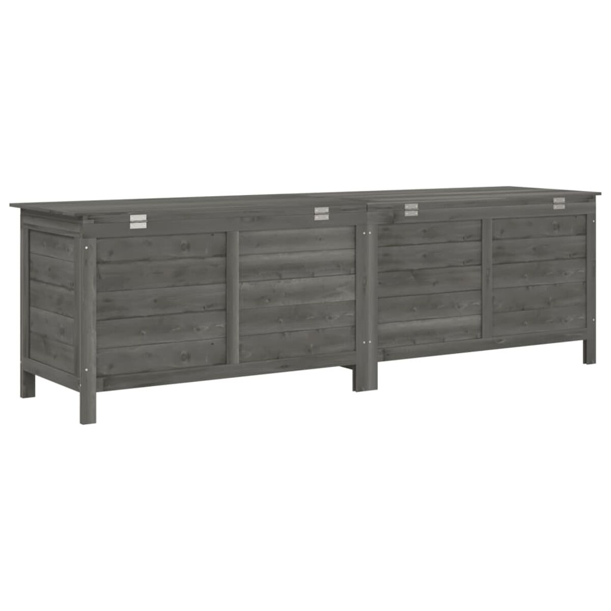 Eine lange, graue Holzaufbewahrungsbox mit flacher Oberseite, bestehend aus mehreren Abschnitten.