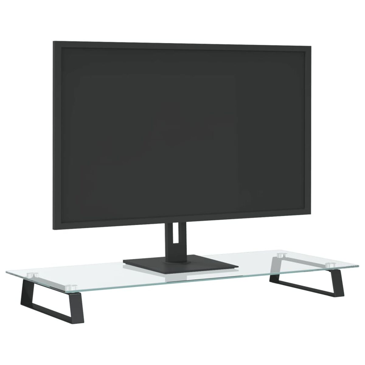 Ein schwarzer Computermonitor auf einem Monitorständer mit schwarzem Rahmen.