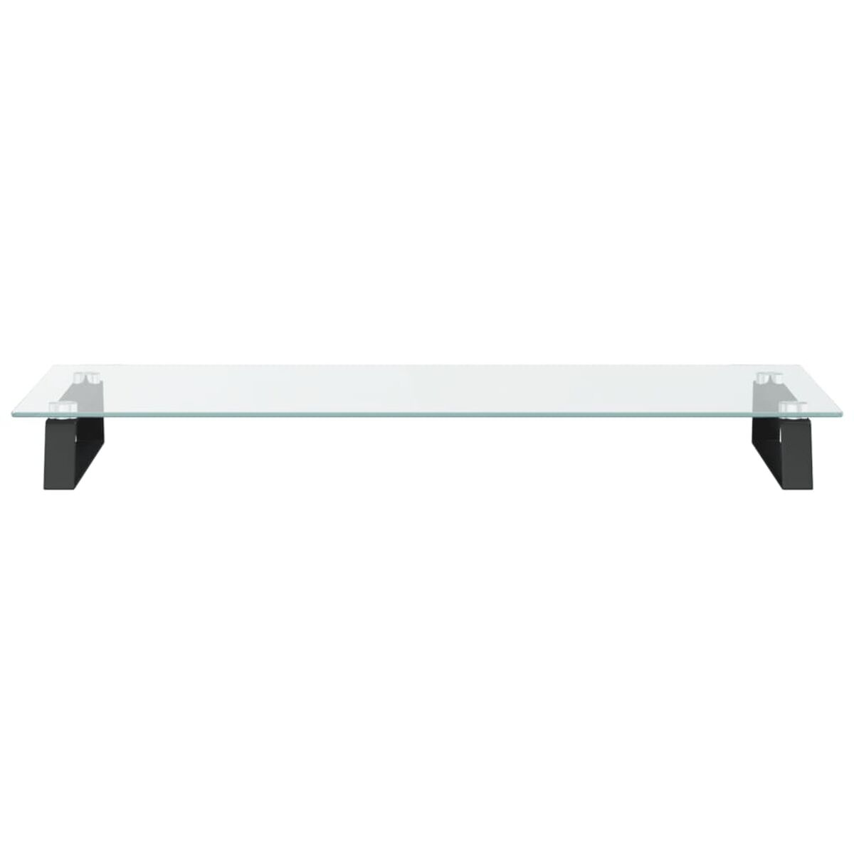 Ein klares, rechteckiges Glasregal mit schwarzen Metallbeinen. Das Regal ist zentriert.