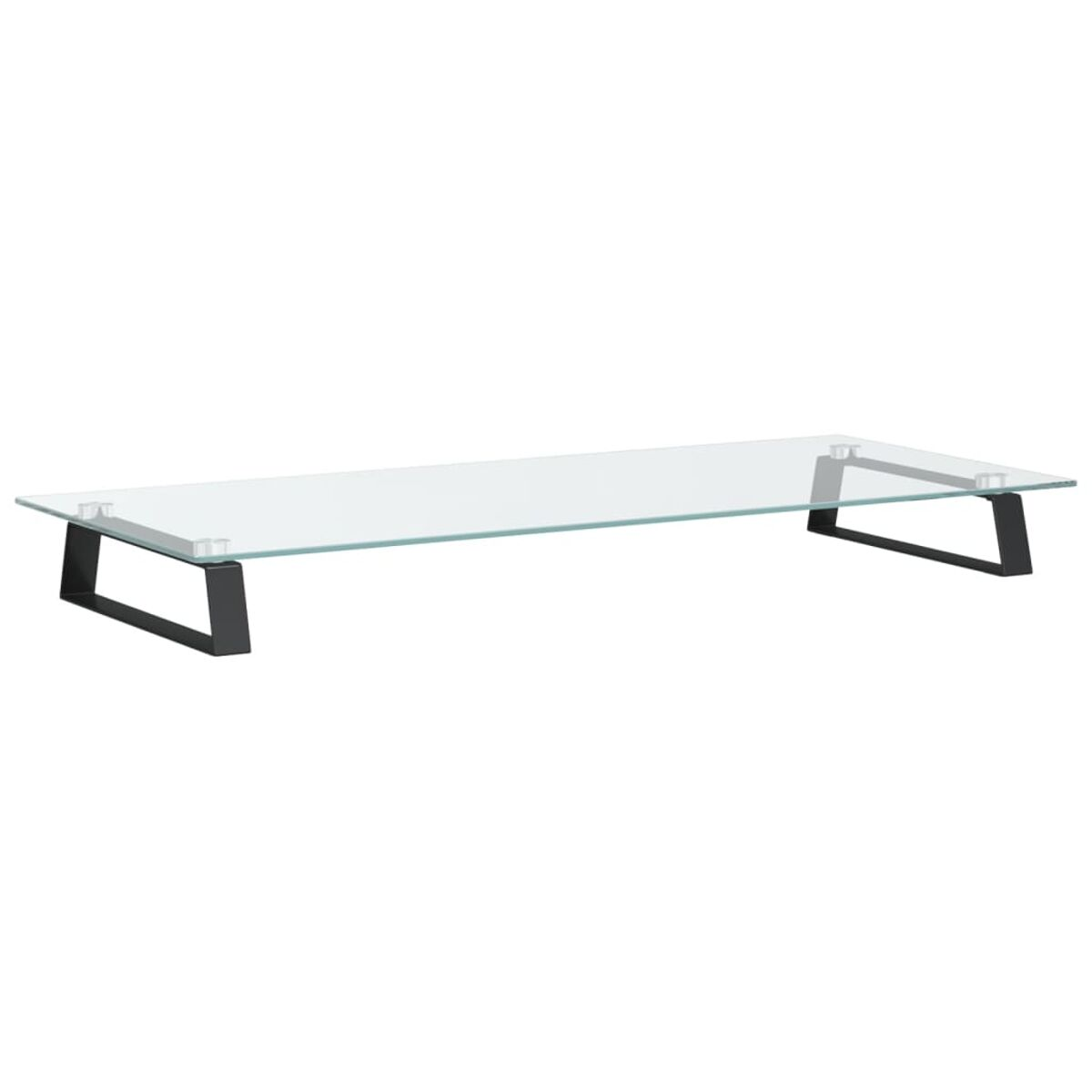 Transparenter Glas-Monitorständer auf schwarzen Metallbeinen. Weißer Hintergrund. Modernes Design.