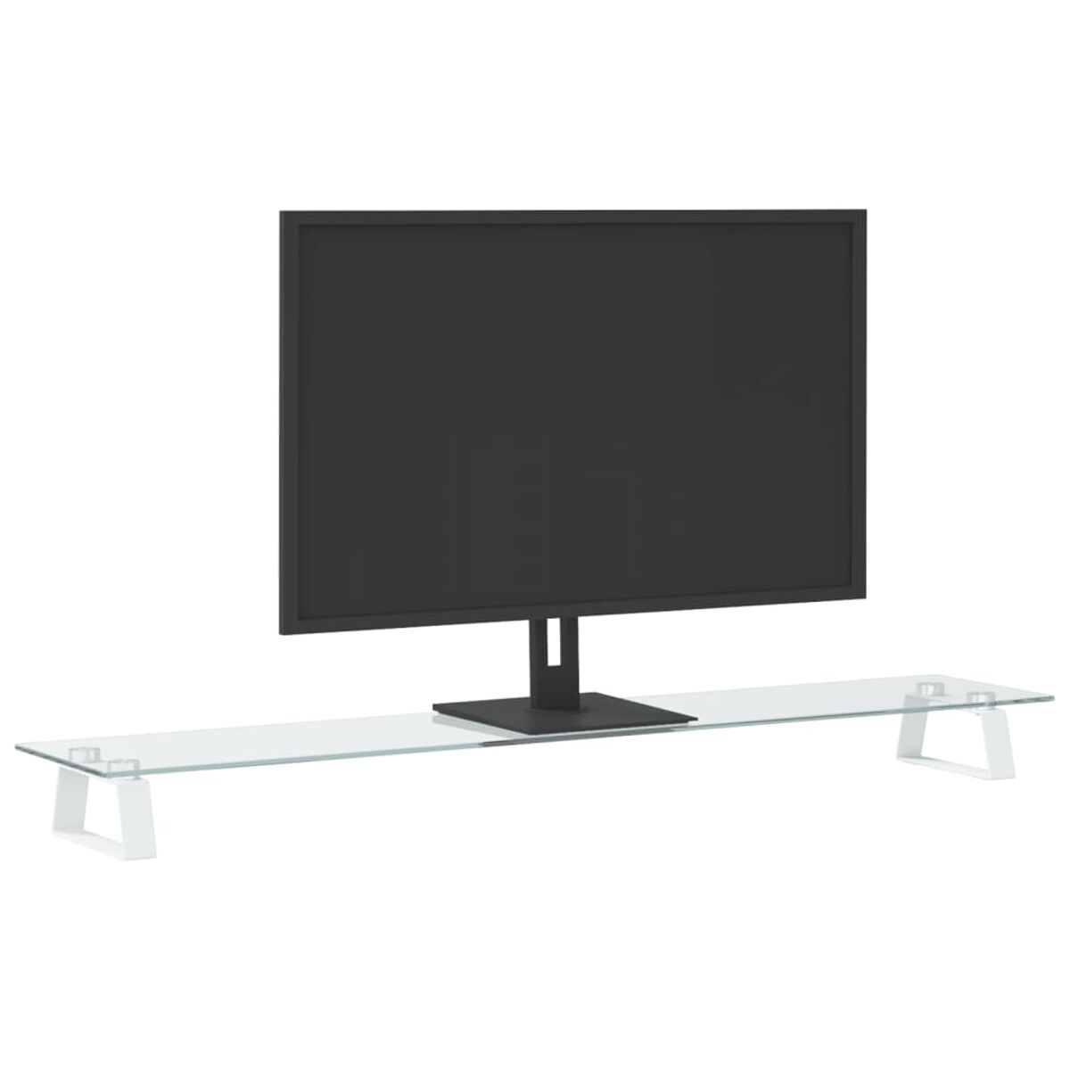 Ein moderner TV-Ständer mit einem schwarzen Bildschirm-TV oben drauf.