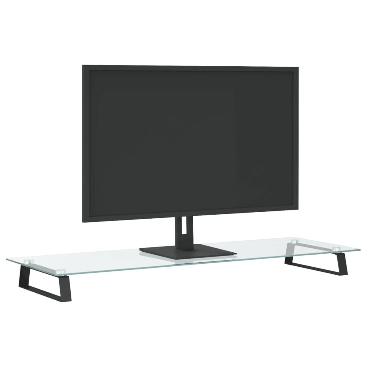 Ein schwarzer Computermonitor steht auf einem Glasständer mit schwarzen Beinen.