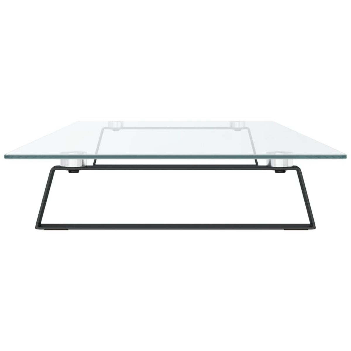 Quadratischer Couchtisch aus Glas mit schwarzen Metallbeinen, auf weißem Grund.