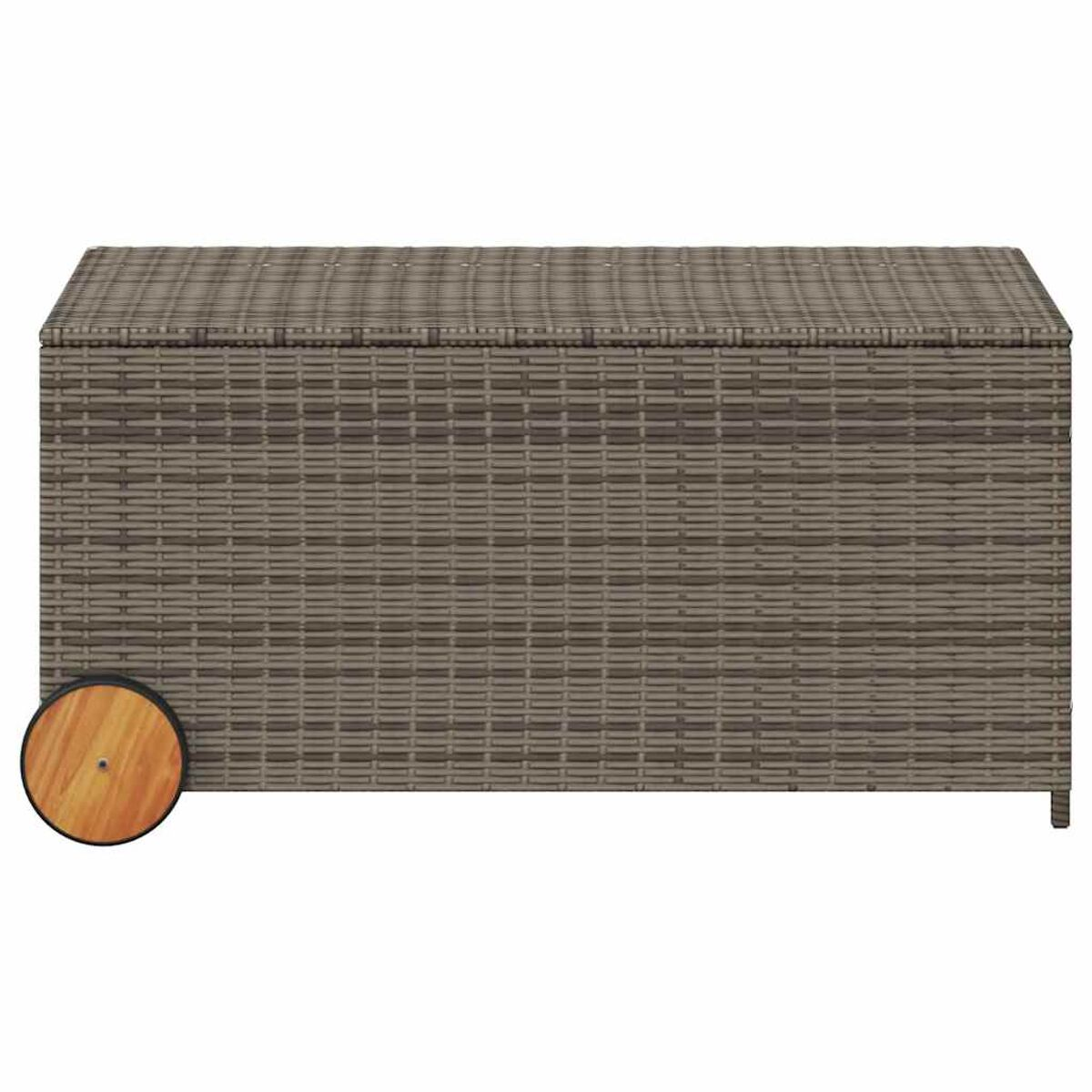 Große, graue Aufbewahrungsbox im Rattan-Stil mit Holzrad an der Seite.