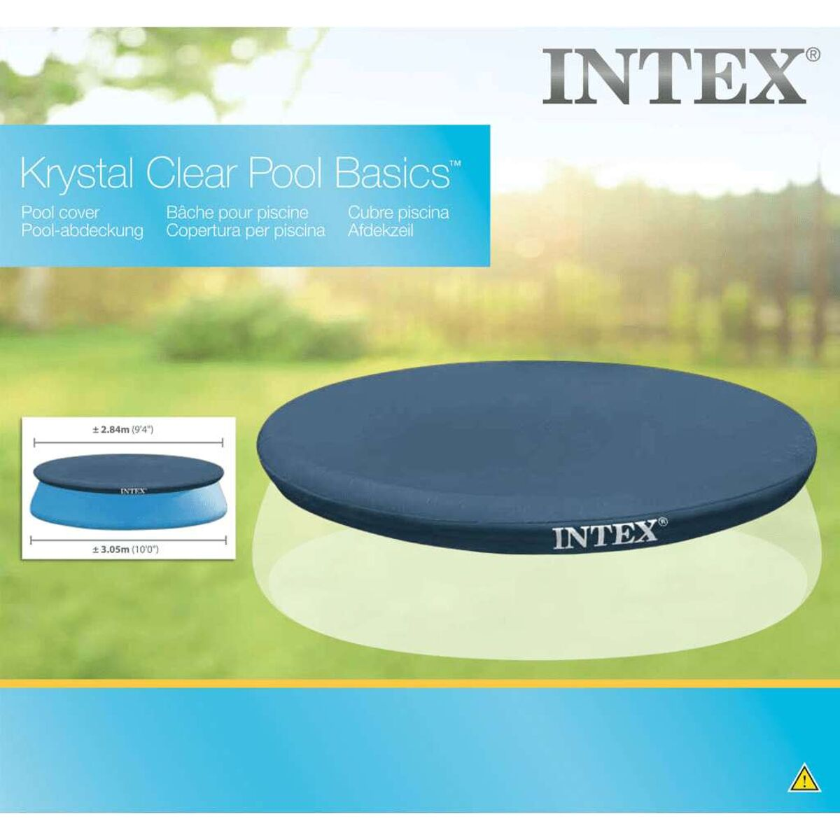 Poolabdeckung und Pool-Basics. Die Abdeckung ist blau und das Produkt hat ein blaues Etikett.