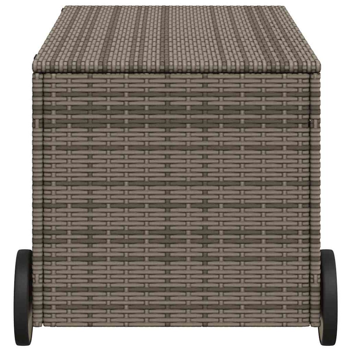Wicker-Aufbewahrungsbox auf Rädern. Grau-braunes Webdesign. Einfach, neutral und funktional.