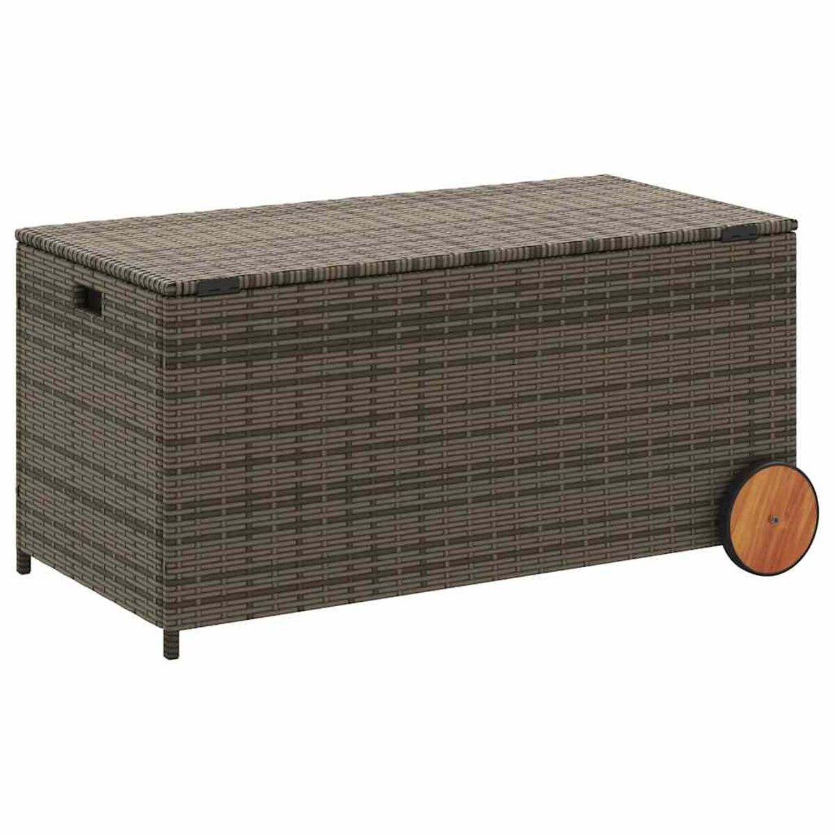 Eine braune Aufbewahrungsbox aus Weide mit Deckel und einem Holzrad.