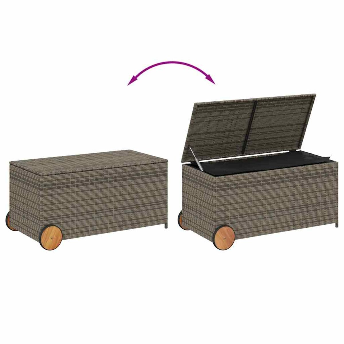 Eine Weiden-Aufbewahrungsbox auf Rädern. Sie öffnet sich und zeigt ein schwarzes Kissen.