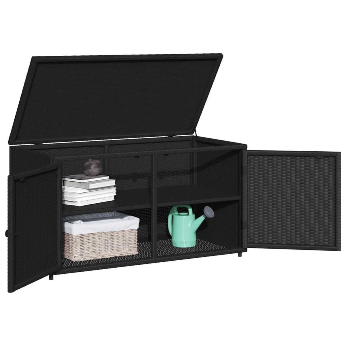 Schwarzer Outdoor-Stauschrank aus Korbgeflecht mit offenen Türen, Regalen, Büchern und Gießkanne.