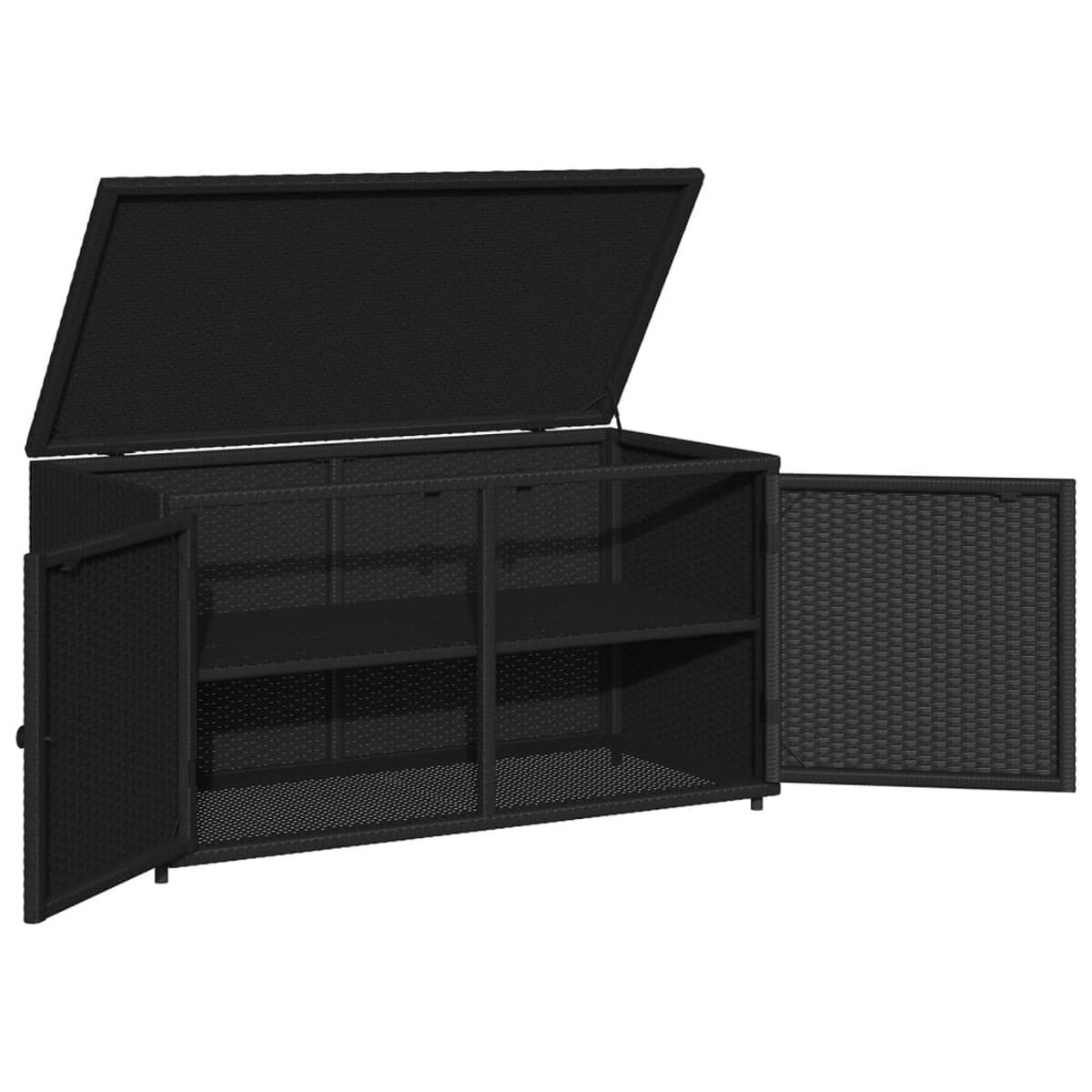 Schwarzer Outdoor-Stauraumschrank mit geöffneten Türen. Weißer Hintergrund.