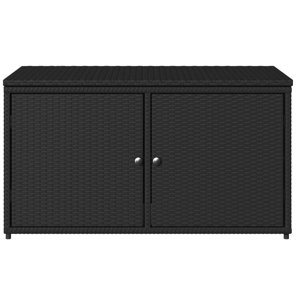 Schwarzer Rattan-Schrank mit zwei Türen und silbernen Knöpfen.