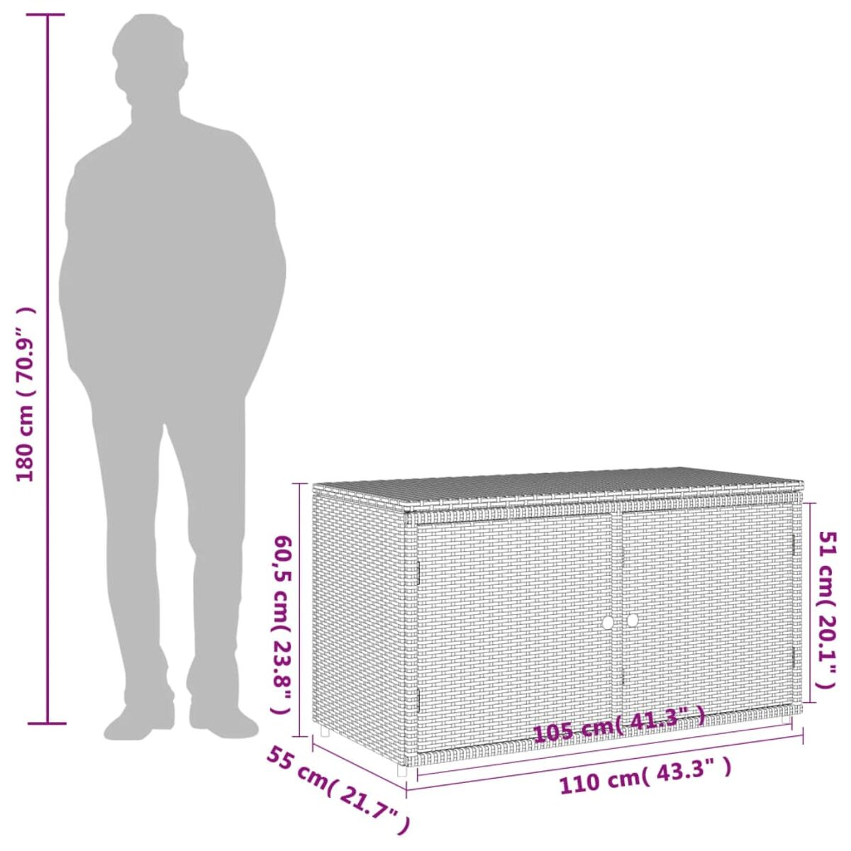 Rattan-Aufbewahrungsbox für draußen mit Maßen und Personensilhouette.