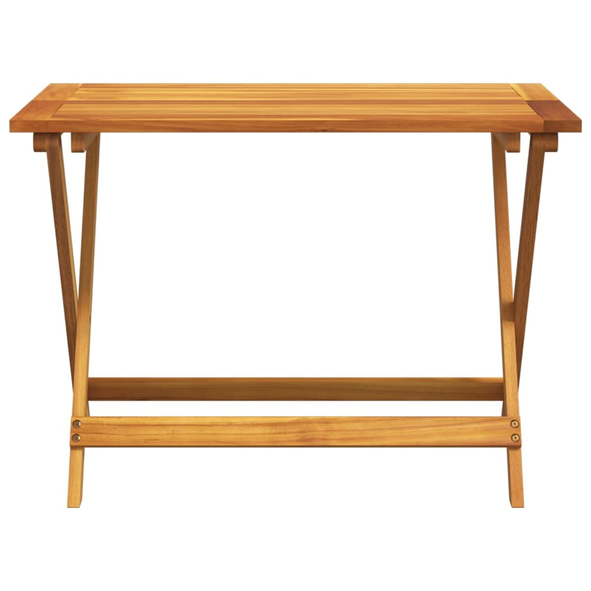 Ein klappbarer Holztisch. Der Tisch ist hellbraun und rechteckig, mit abgewinkelten Beinen.