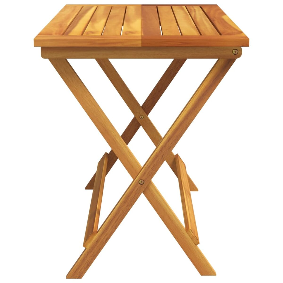 Ein kleiner, zusammenklappbarer Holztisch, von der Seite betrachtet. Der Tisch hat ein X-Gestell und eine Holzplatte.