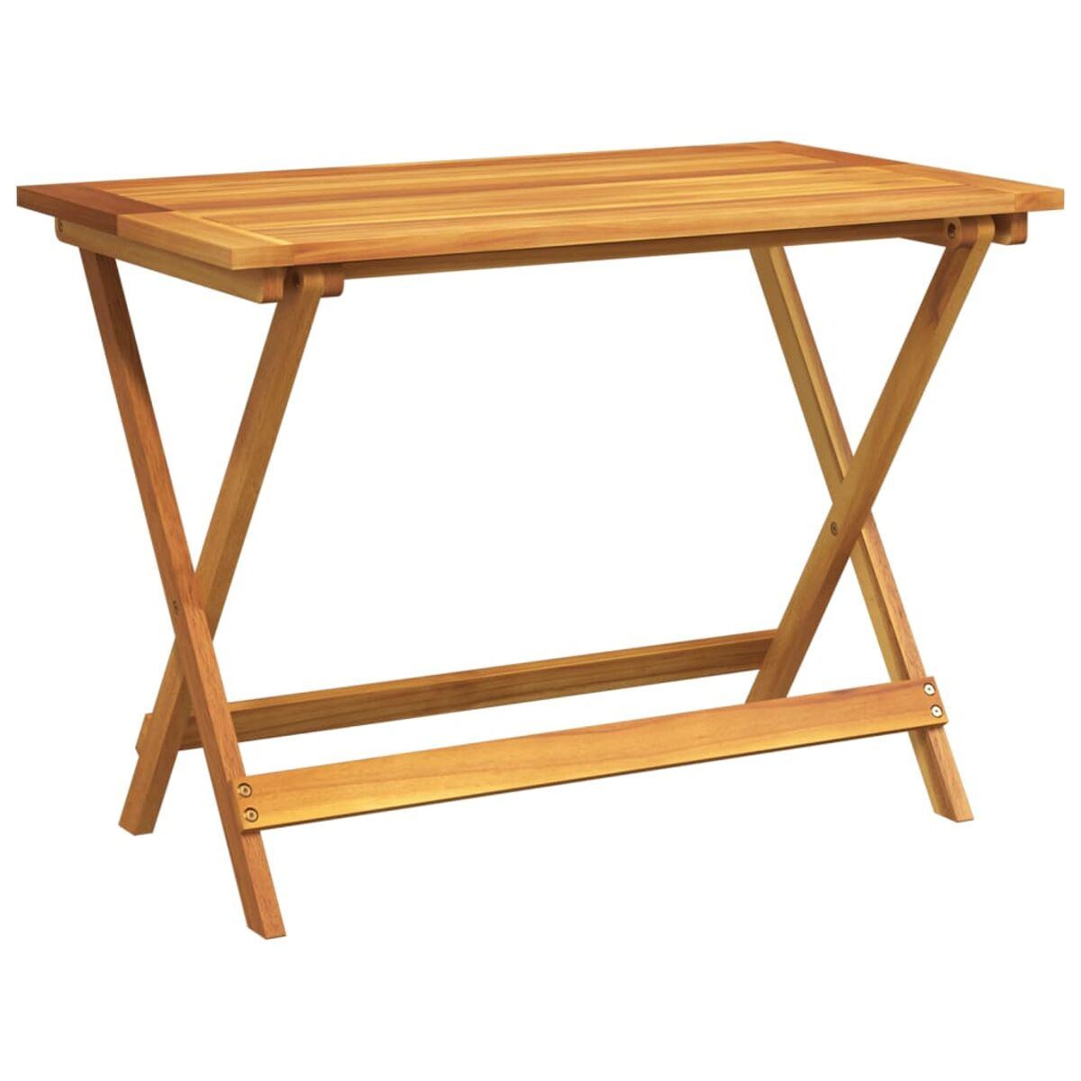 Klapptisch aus Holz, braune Farbe, mit gekreuzten Beinen. Weißer Hintergrund.