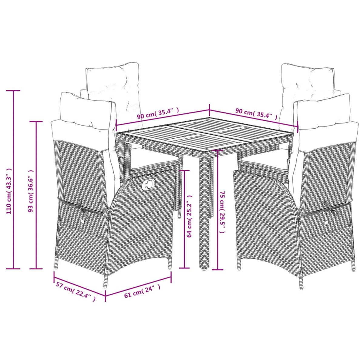 Rattan-Essgruppe für den Außenbereich mit vier Stühlen und einem quadratischen Tisch. Abmessungen sind angegeben.