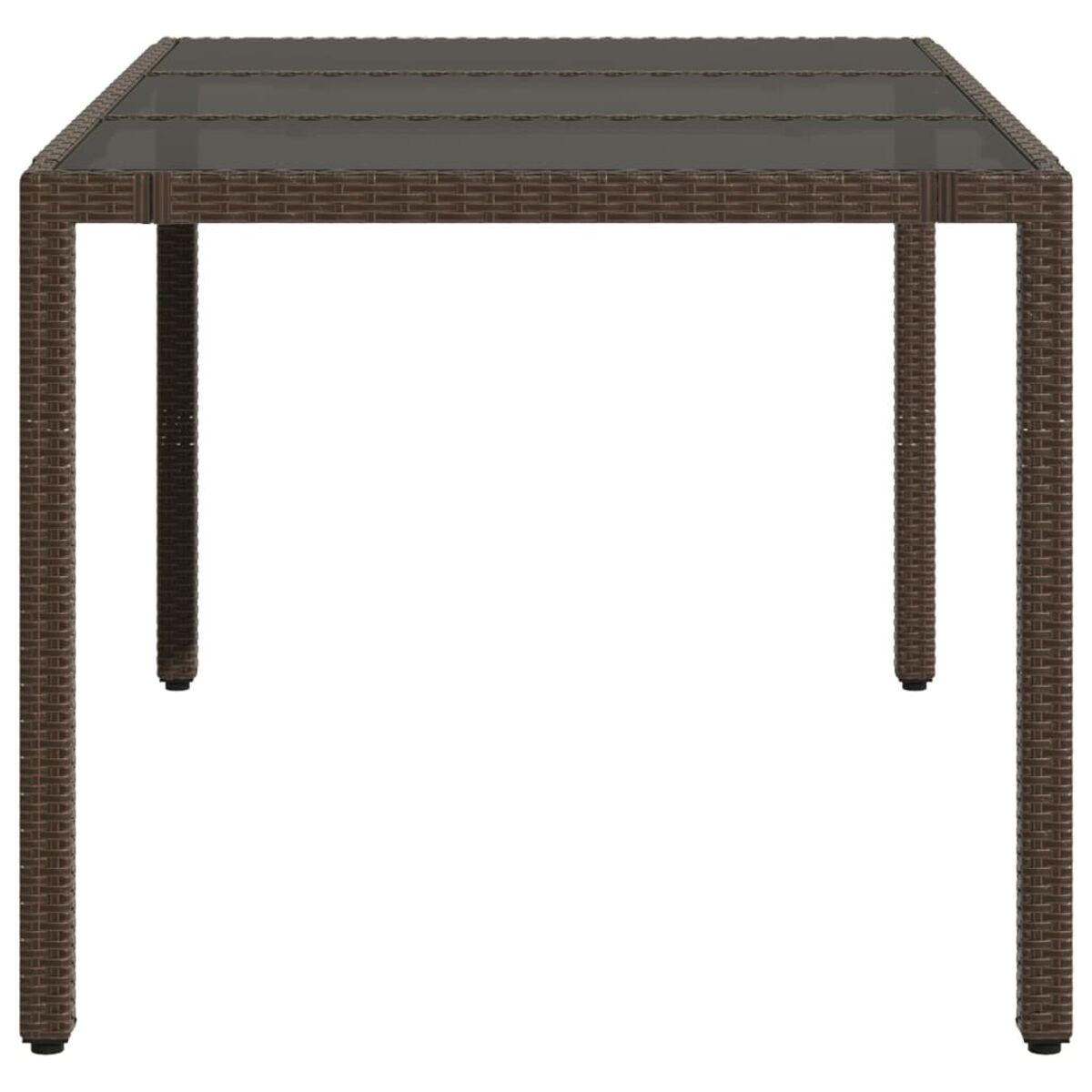 Brauner quadratischer Gartentisch. Der Tisch hat einen Rahmen im Korbmuster und eine dunkle Glasplatte.