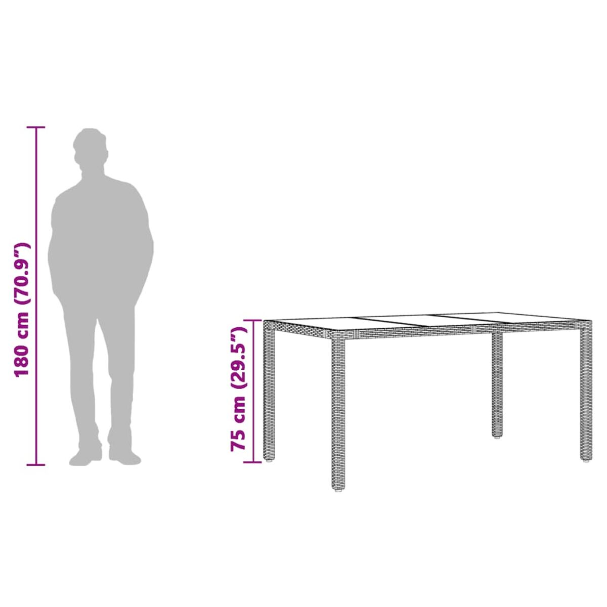 Eine Person steht neben einem rechteckigen Tisch mit angegebenen Abmessungen. Der Tisch ist aus Korbgeflecht.
