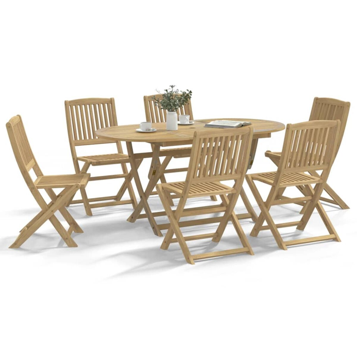 Eine Holz-Essgruppe mit ovalem Tisch und sechs Klappstühlen, vor weißem Hintergrund.