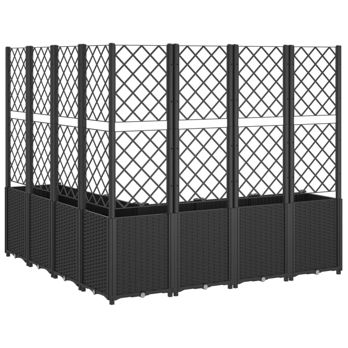 Schwarzer Gartenzaun mit Spalierdesign. Der Zaun besteht aus verbundenen Paneelen.