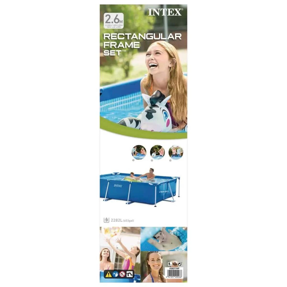 Ein Banner-Werbebanner für einen rechteckigen Intex-Rahmenpool. Zeigt Personen, die den Pool genießen, und die Produktverpackung.