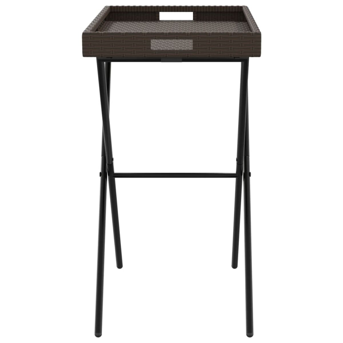 Ein brauner Rattan-Tabletttisch mit schwarzen Metallbeinen auf weißem Hintergrund.