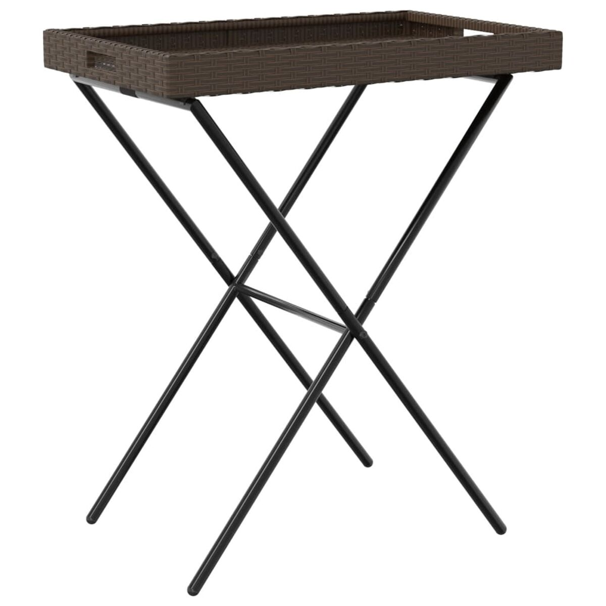 Serviertisch mit Weidenkorb. Braune Weidenkorbablage auf schwarzen Metallbeinen. Tablett hat Griffe.