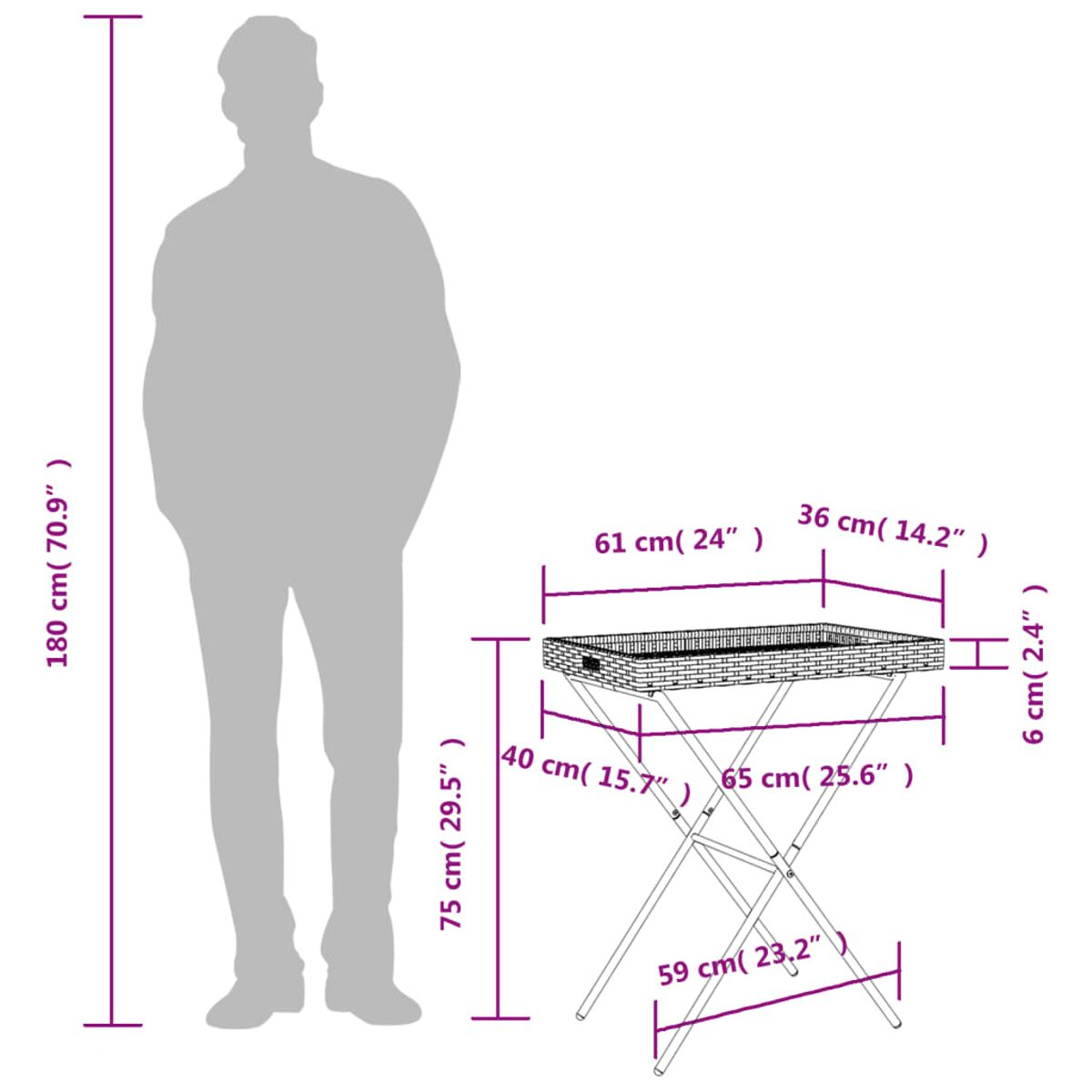 Grafik, die die Körpergröße einer Person (180 cm) neben einem Klapptisch mit Abmessungen in cm und Zoll zeigt.