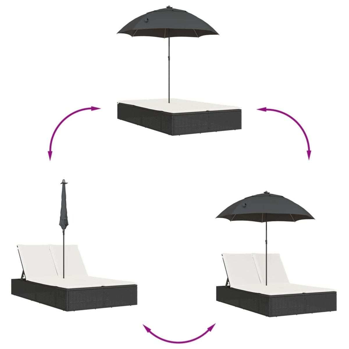Diagramma che mostra un lettino trasformarsi con un ombrellone. Frecce che indicano i passaggi.